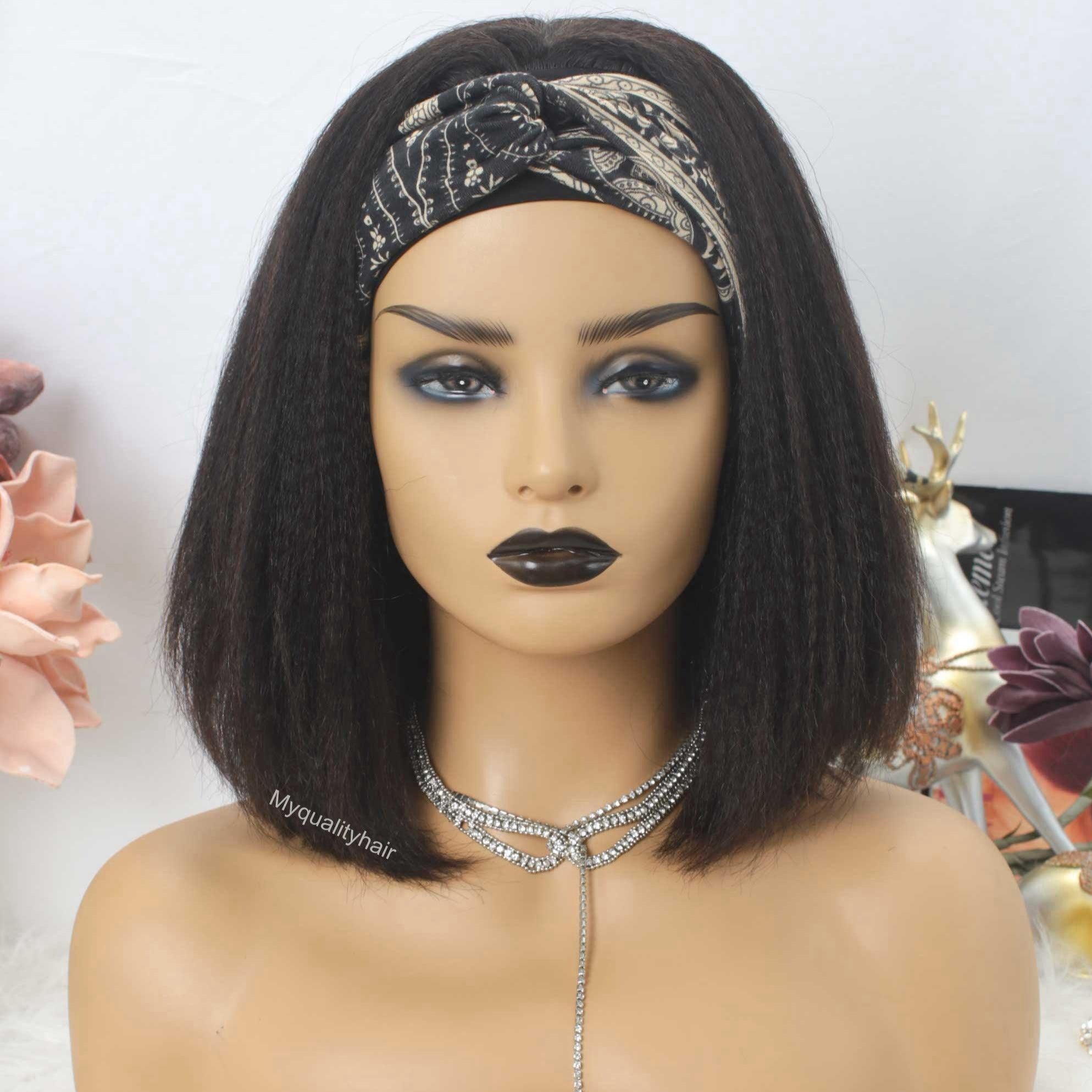 Headband Wig Light Yaki Bob Wigs Beginner Friendly Virgin Human Hair HW07