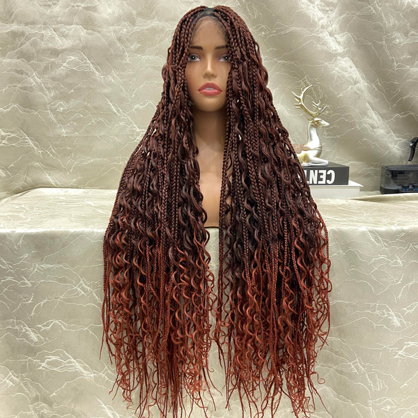 Auburn Reddish Brown Color for Fall Boho Braided Wigs With Baby Hair for Black Women, 36 inch Knotless Full Lace Box Braid Synthetic Fiber Wig, Glueless Braided Wigs with Curly Ended Double Full Lace Goddess Braided Wig [SW13]