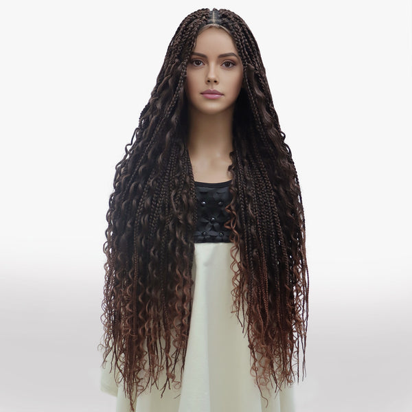 Boho Ombre Brown Braided Wigs With Baby Hair for Black Women, 36 inch Knotless Full Lace Box Braid Sythetic Fiber Wig, Glueless Braided Wigs with Curly Ended Double Full Lace Goddess Braided Wig [SW07]