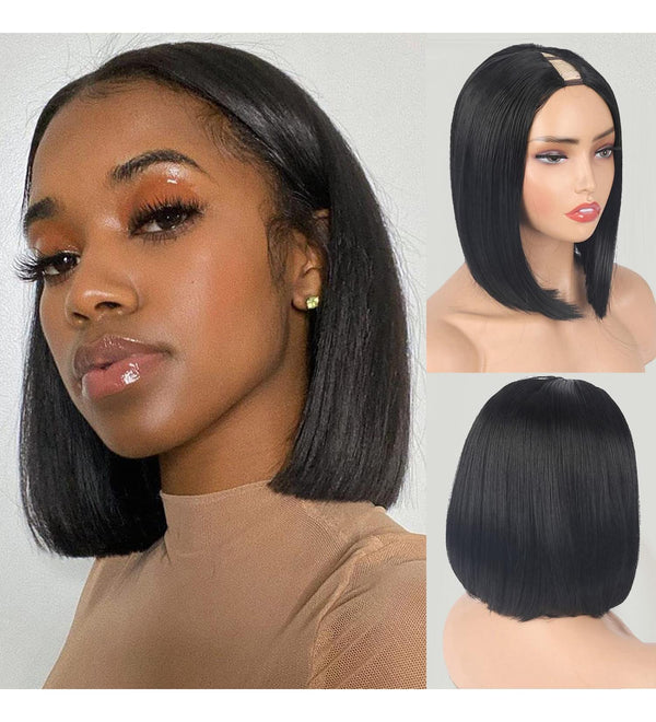 No Lace No Gel Effortless Silky/ Yaki Straight Bob Style V Part Wigs [VP07]