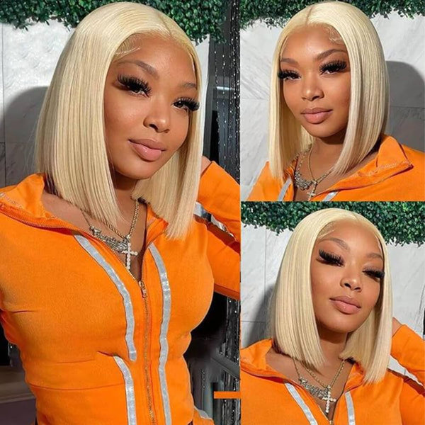 Wear & Go 4x4 Glueless Blonde Straight Bob Wig #613 Pre-cut Lace HD Transparent Lace Closure Short Bob Wigs Human Hair Lace Wigs [T07]